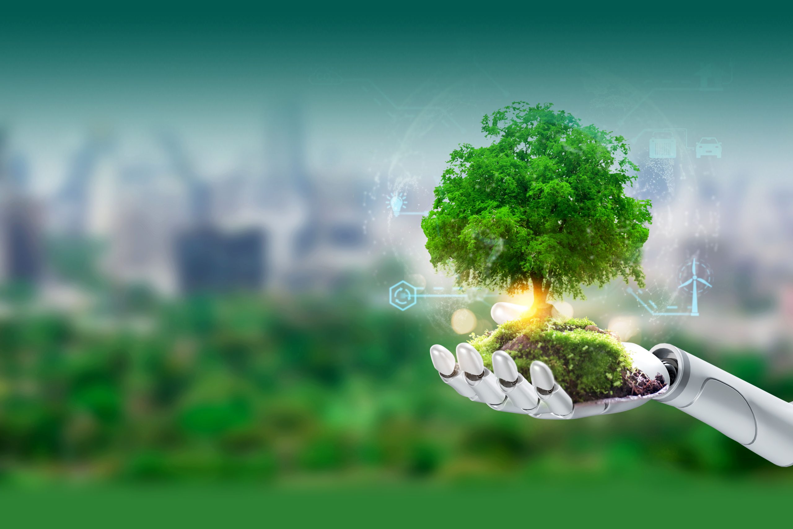 A Robotic Hand Supports A Vibrant Tree With Greenery, Symbolizin